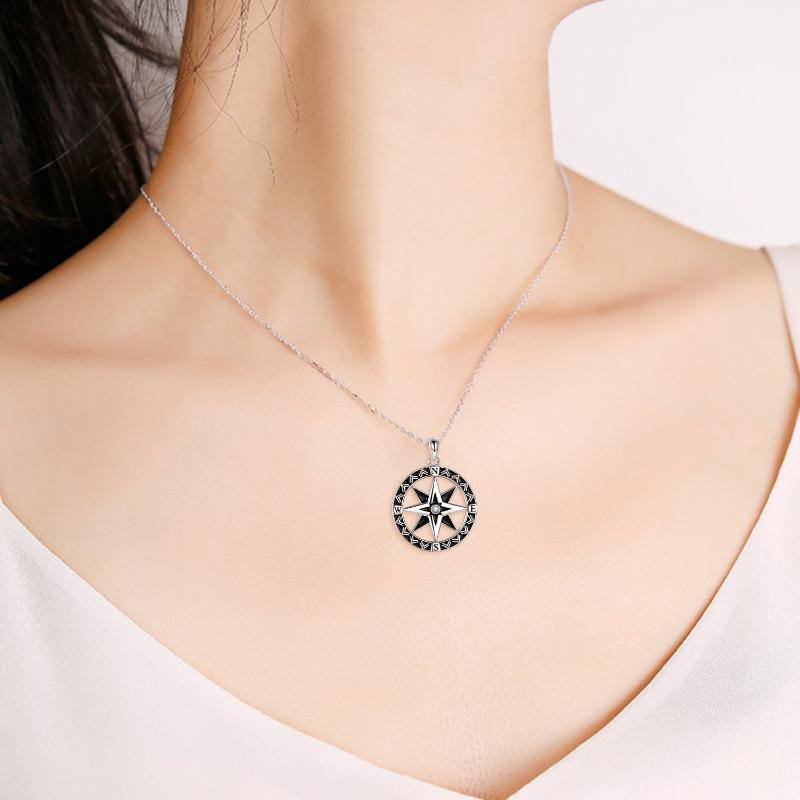 Sterling Silver Circular Shaped Cubic Zirconia Compass Pendant Necklace-2