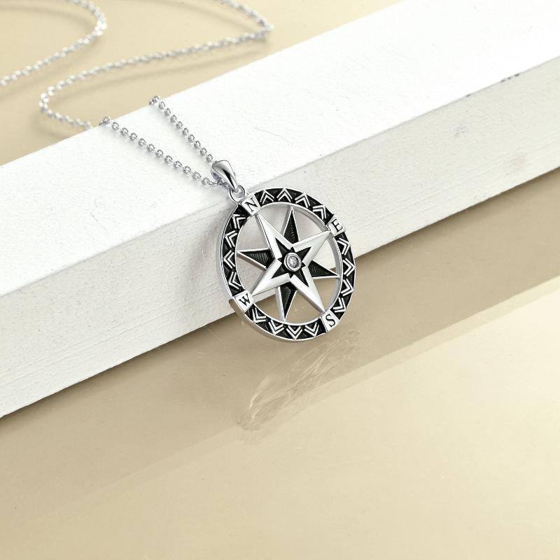 Sterling Silver Circular Shaped Cubic Zirconia Compass Pendant Necklace-4