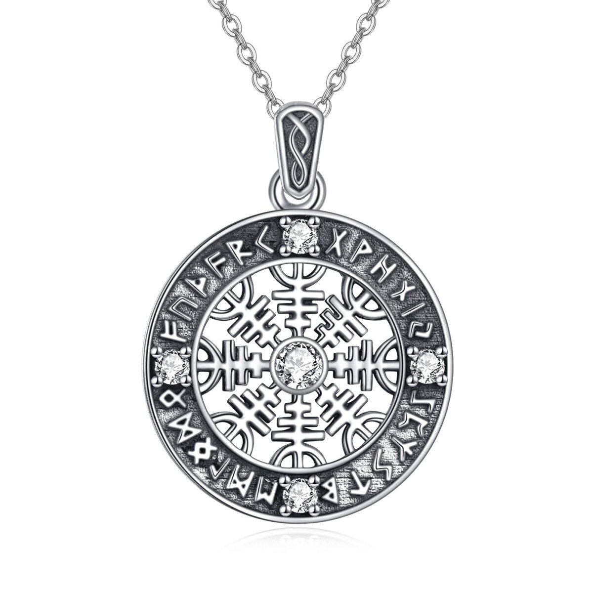 Collier en argent sterling avec pendentif boussole et runes vikings en zircon cubique-1