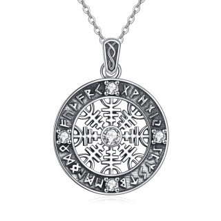 Sterling Silver Circular Shaped Cubic Zirconia Compass & Viking Rune Pendant Necklace-2