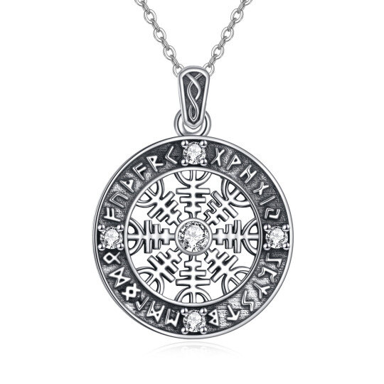 Collana con ciondolo runa vichinga con bussola rotonda in argento sterling con zirconi cubici