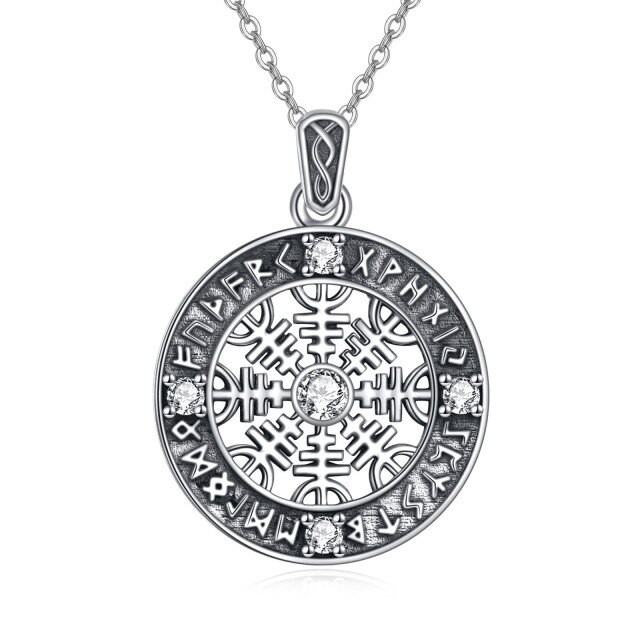 Sterling Silver Circular Shaped Cubic Zirconia Compass & Viking Rune Pendant Necklace-1