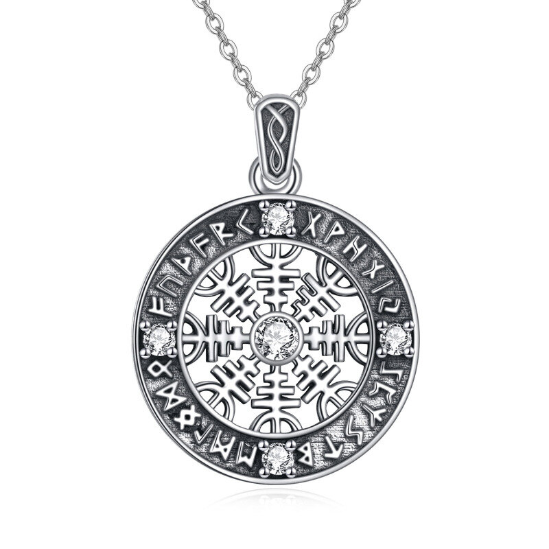 Sterling Silver Circular Shaped Cubic Zirconia Compass & Viking Rune Pendant Necklace-20