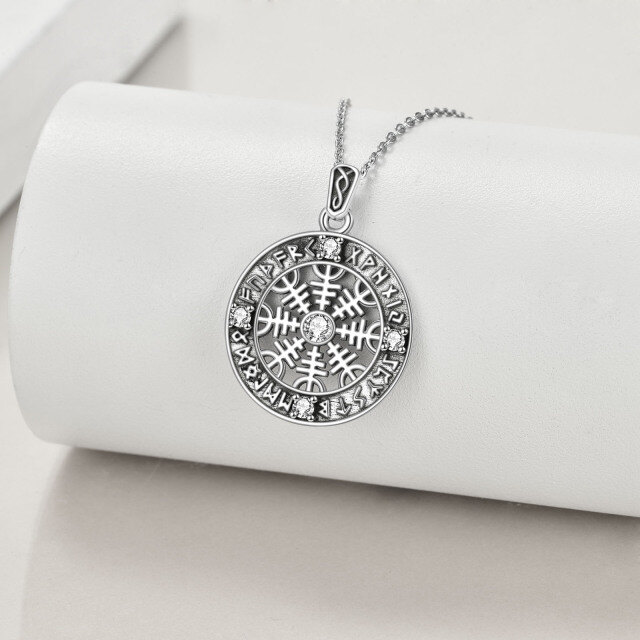 Sterling Silver Circular Shaped Cubic Zirconia Compass & Viking Rune Pendant Necklace-4