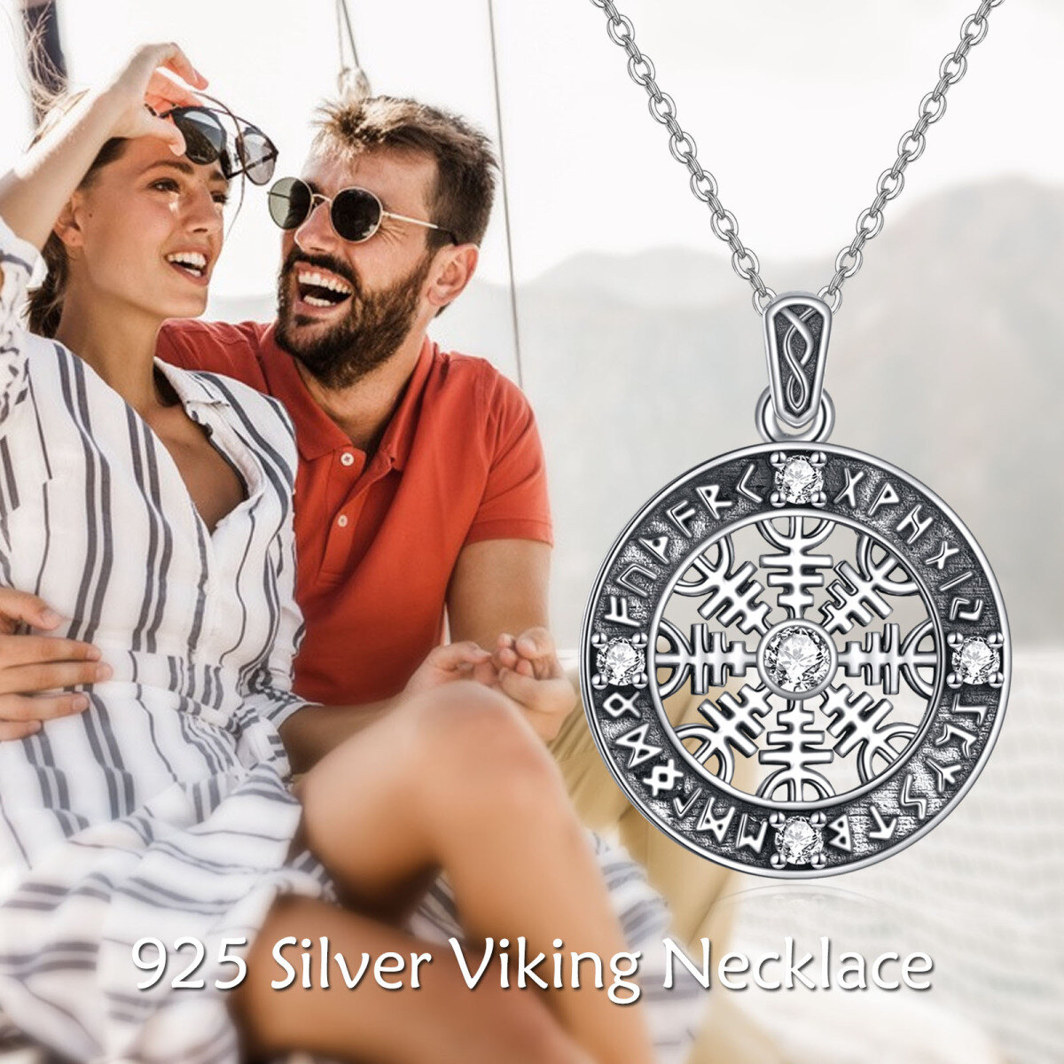 Sterling Silber kreisförmig Cubic Zirkonia Kompass & Wikinger Rune Anhänger Halskette-5