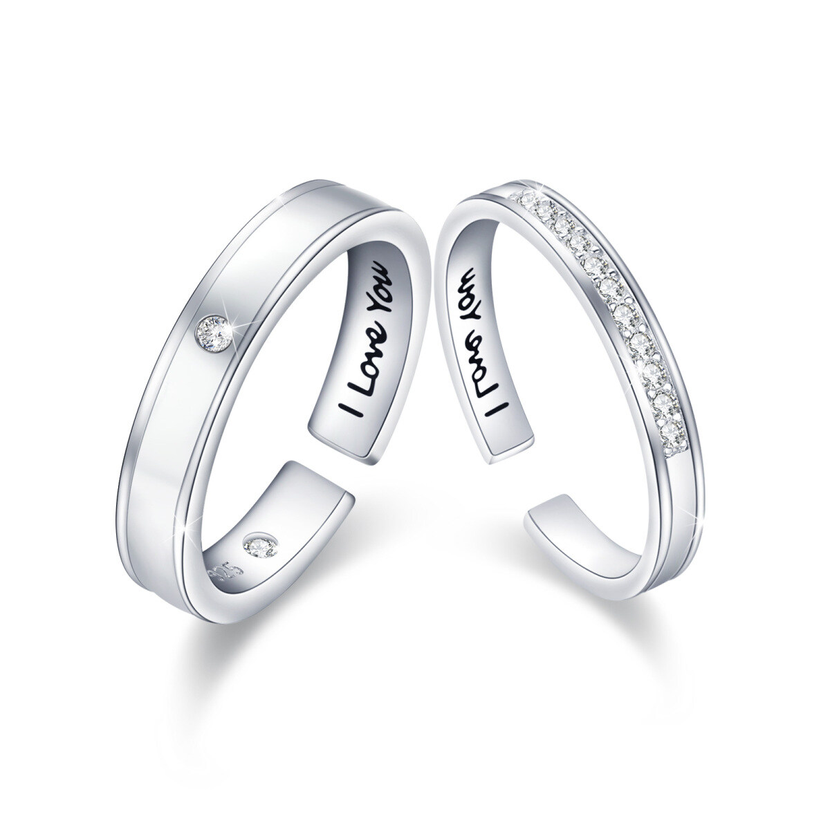 Sterling Silver Circular Cubic Zirconia Couple Rings With Engraved Word-1