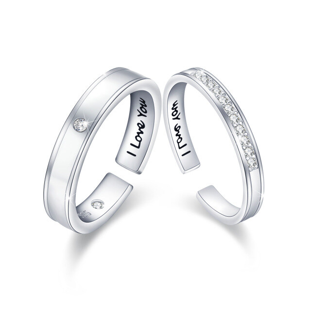 Sterling Silver Circular Cubic Zirconia Couple Rings With Engraved Word