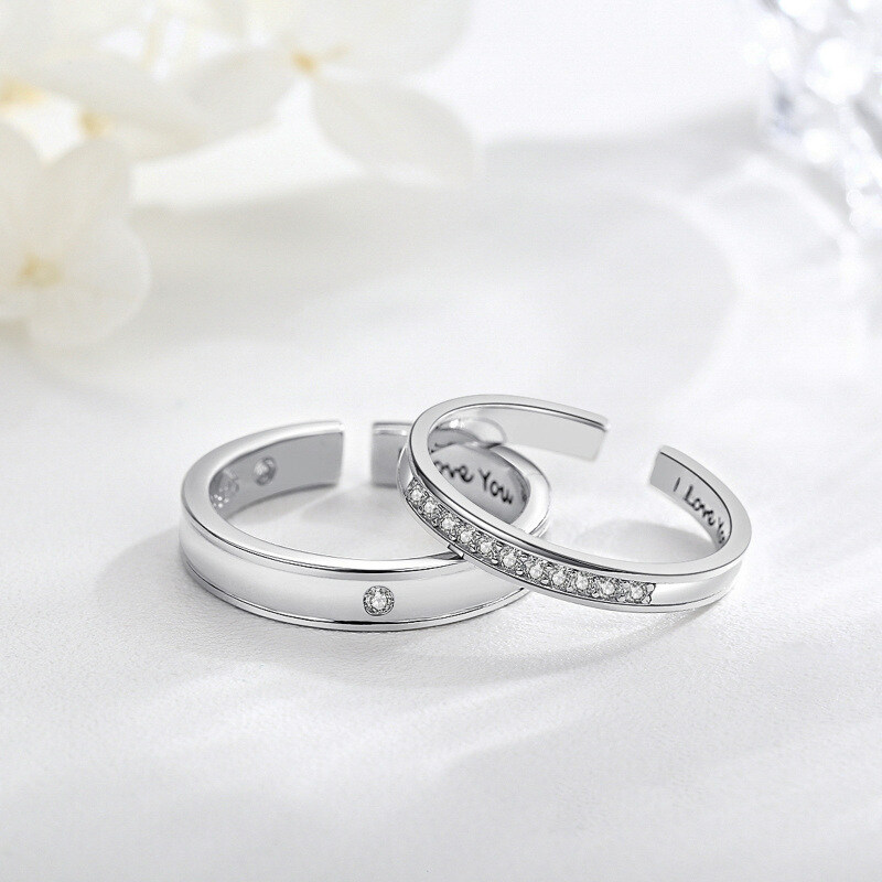 Sterling Silver Round Cubic Zirconia Couple Rings With Engraved Word-3