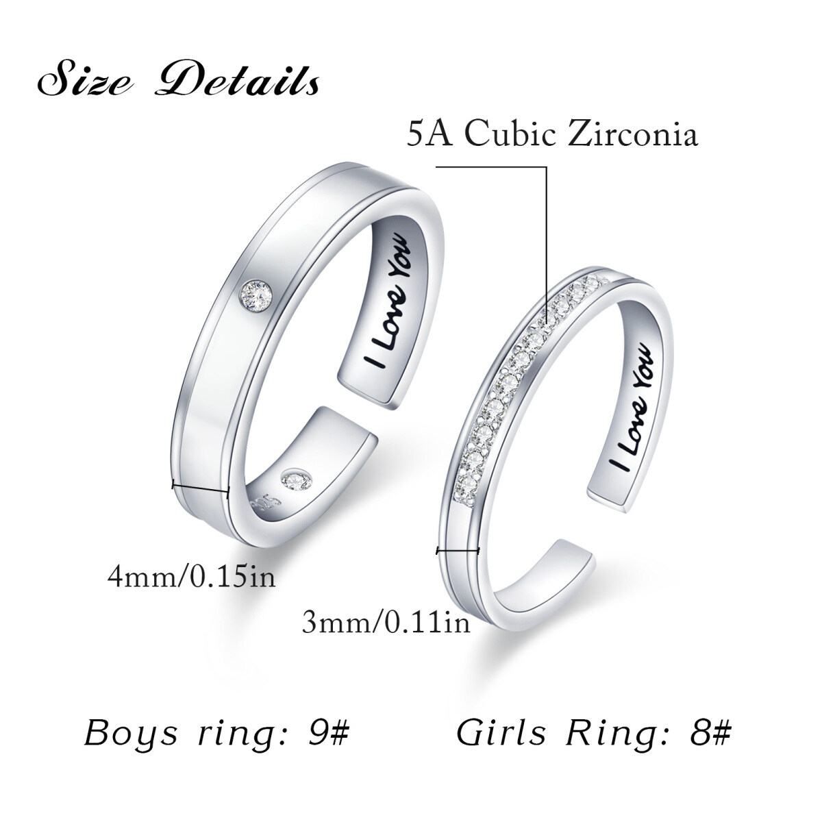 Sterling Silver Circular Cubic Zirconia Couple Rings With Engraved Word-5