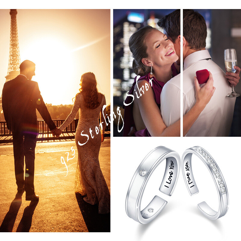 Sterling Silver Round Cubic Zirconia Couple Rings With Engraved Word-6