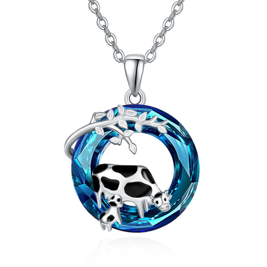 Sterling Silver Circular Shaped Cow Crystal Pendant Necklace