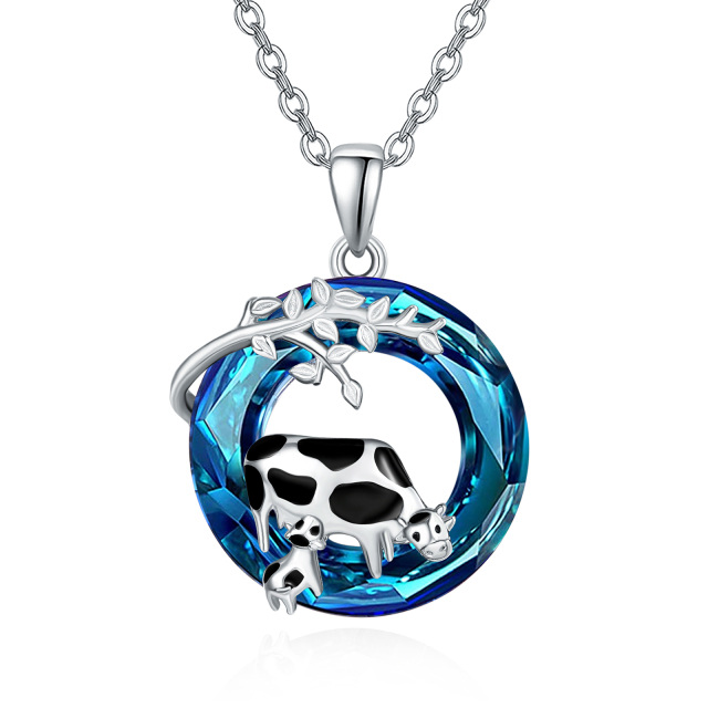 Sterling Silver Circular Shaped Cow Crystal Pendant Necklace-1