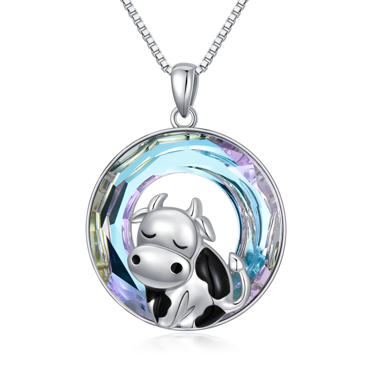 Sterling Silver Circular Shaped Cow Crystal Pendant Necklace-1