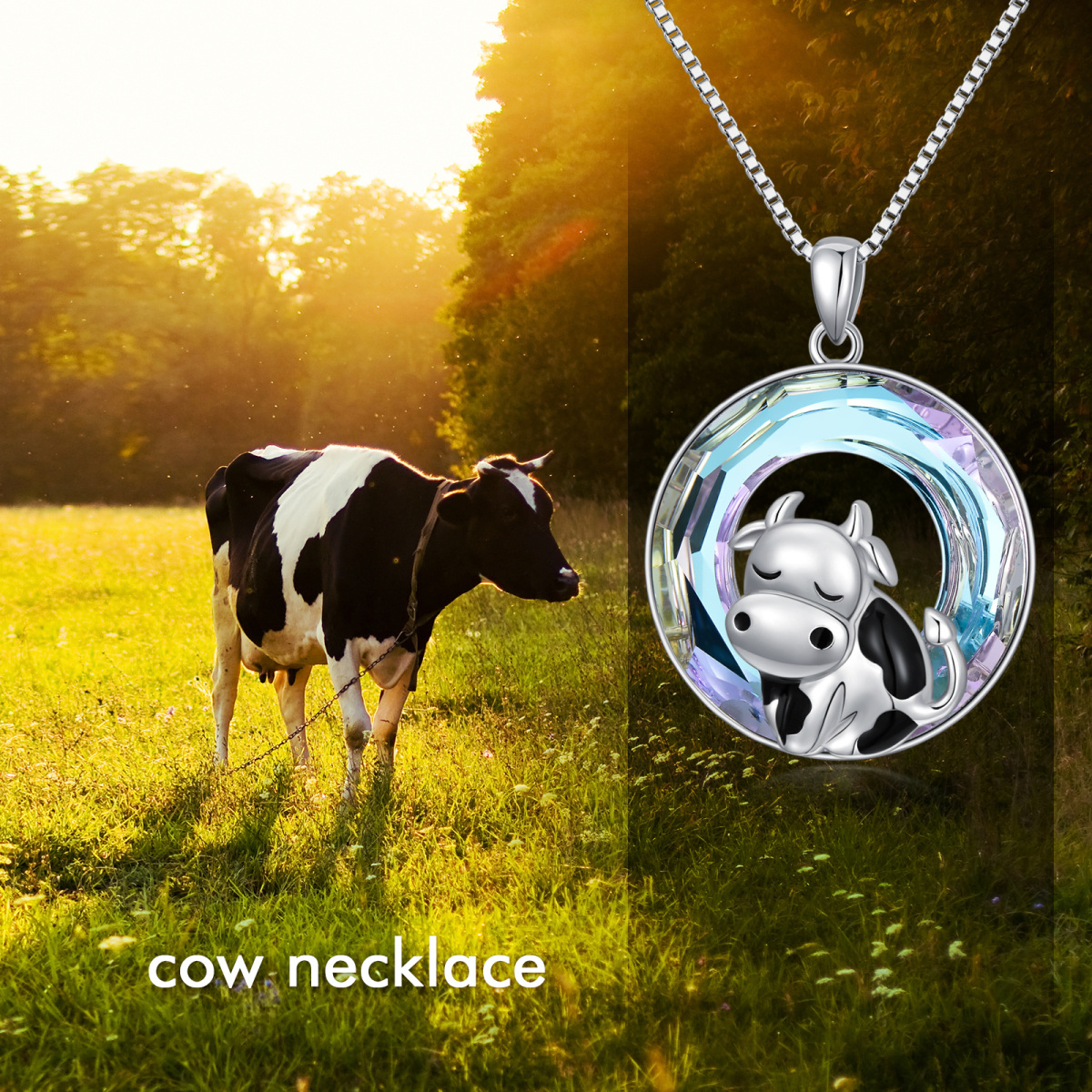 Sterling Silver Circular Shaped Cow Crystal Pendant Necklace-3