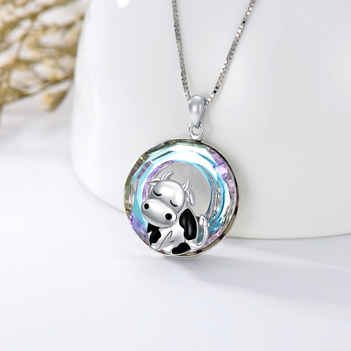 Sterling Silver Circular Shaped Cow Crystal Pendant Necklace-4