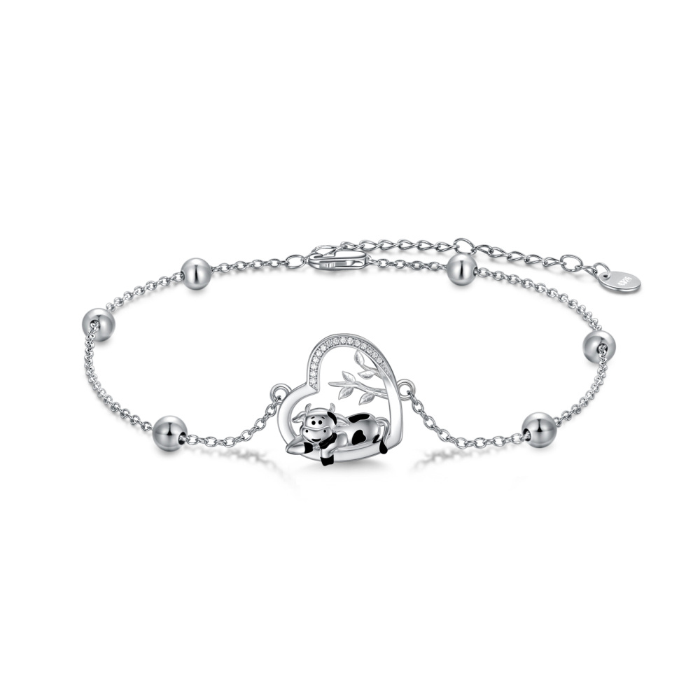 Sterling Silver Circular Shaped Cubic Zirconia Cow & Heart Charm Bracelet-1