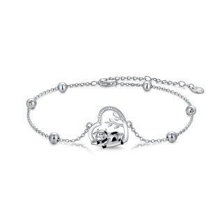 Sterling Silver Circular Shaped Cubic Zirconia Cow & Heart Charm Bracelet-41