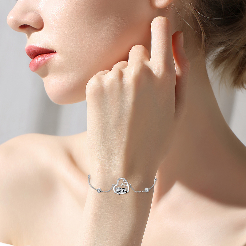 Sterling Silver Circular Shaped Cubic Zirconia Cow & Heart Charm Bracelet-2