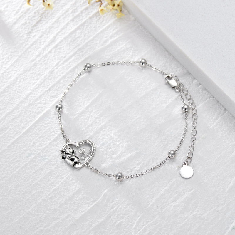 Sterling Silver Circular Shaped Cubic Zirconia Cow & Heart Charm Bracelet-4