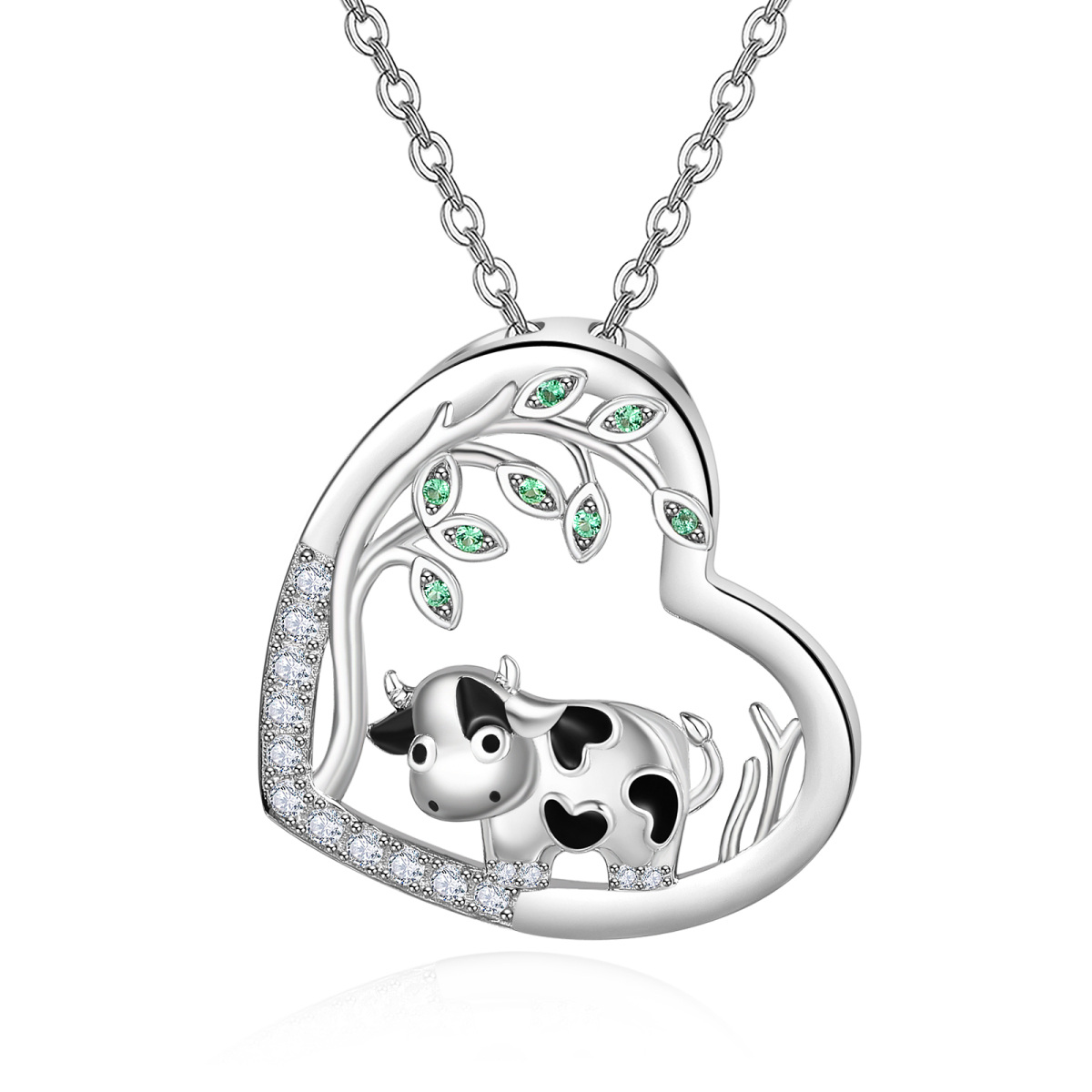 Sterling Silver Circular Shaped Cubic Zirconia Cow & Heart Pendant Necklace-1