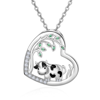 Sterling Silver Circular Shaped Cubic Zirconia Cow & Heart Pendant Necklace-32