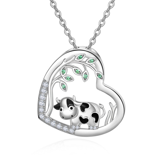 Sterling Silver Circular Shaped Cubic Zirconia Cow & Heart Pendant Necklace