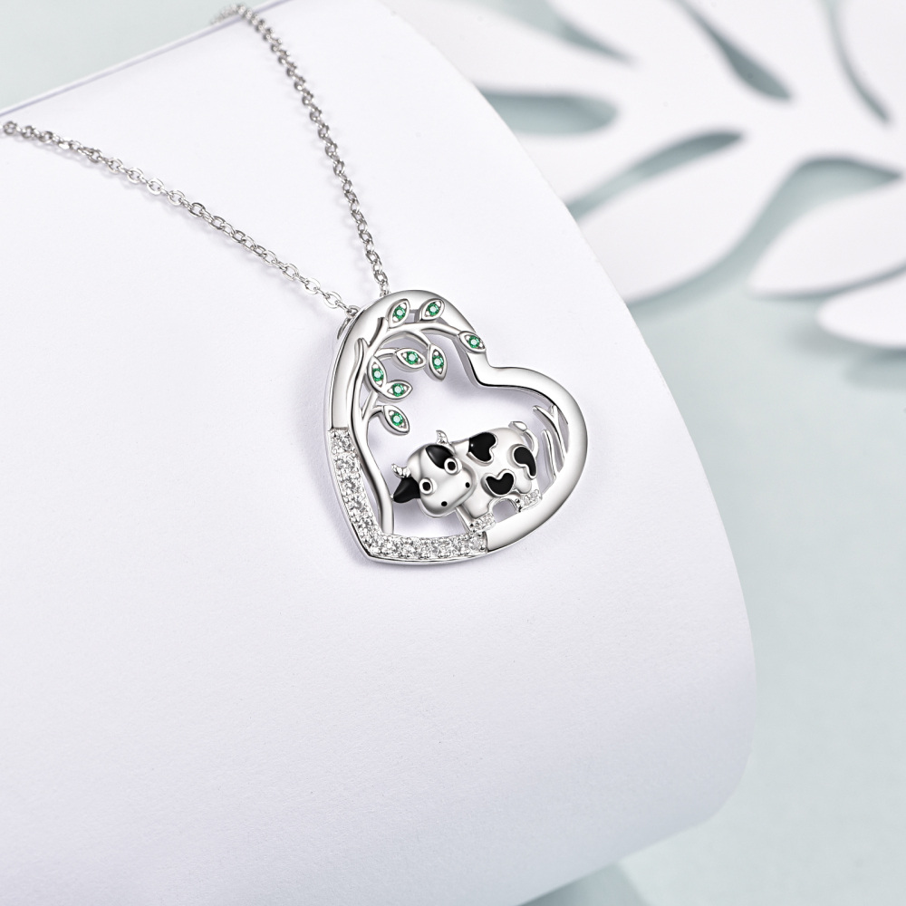 Sterling Silver Circular Shaped Cubic Zirconia Cow & Heart Pendant Necklace-2