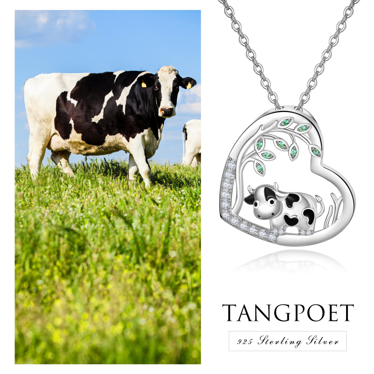 Sterling Silver Circular Shaped Cubic Zirconia Cow & Heart Pendant Necklace-6