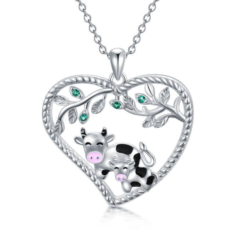 Sterling Silver Circular Shaped Cubic Zirconia Cow & Leaves & Heart Pendant Necklace-1