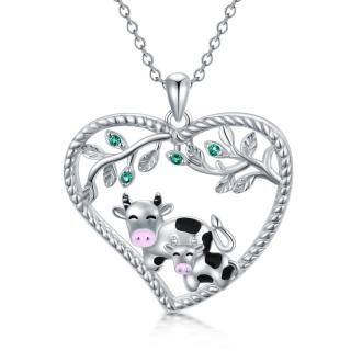 Sterling Silver Circular Cubic Zirconia Cow With Leaves Heart Pendant Necklace For Women-5