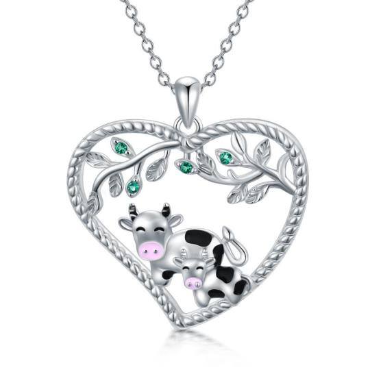 Sterling Silver Circular Shaped Cubic Zirconia Cow & Leaves & Heart Pendant Necklace