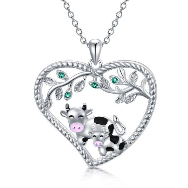 Sterling Silver Circular Shaped Cubic Zirconia Cow & Leaves & Heart Pendant Necklace-5