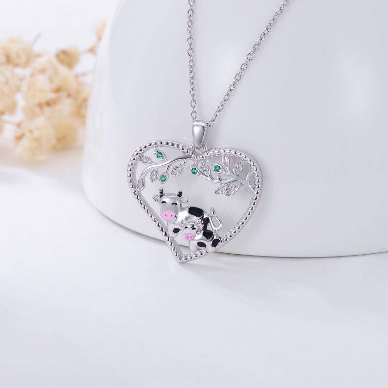 Sterling Silver Circular Shaped Cubic Zirconia Cow & Leaves & Heart Pendant Necklace-3