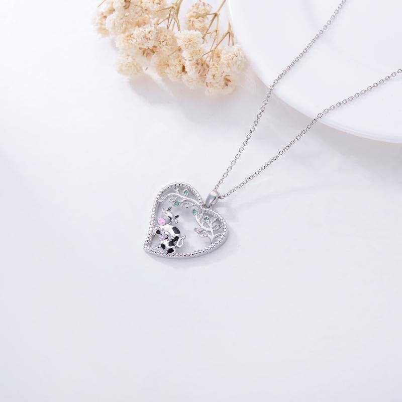 Collier en argent sterling avec pendentif vache, feuilles et coeur en zircon cubique de fo-4