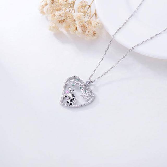 Sterling Silver Circular Shaped Cubic Zirconia Cow & Leaves & Heart Pendant Necklace-4