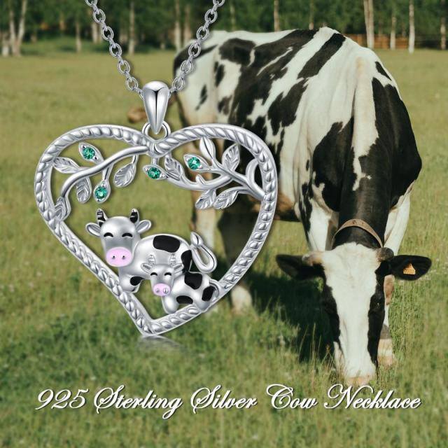 Sterling Silver Circular Shaped Cubic Zirconia Cow & Leaves & Heart Pendant Necklace-5