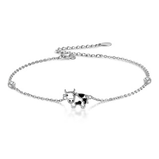 Sterling Silver Circular Shaped Cubic Zirconia Cow Single Layer Anklet-36