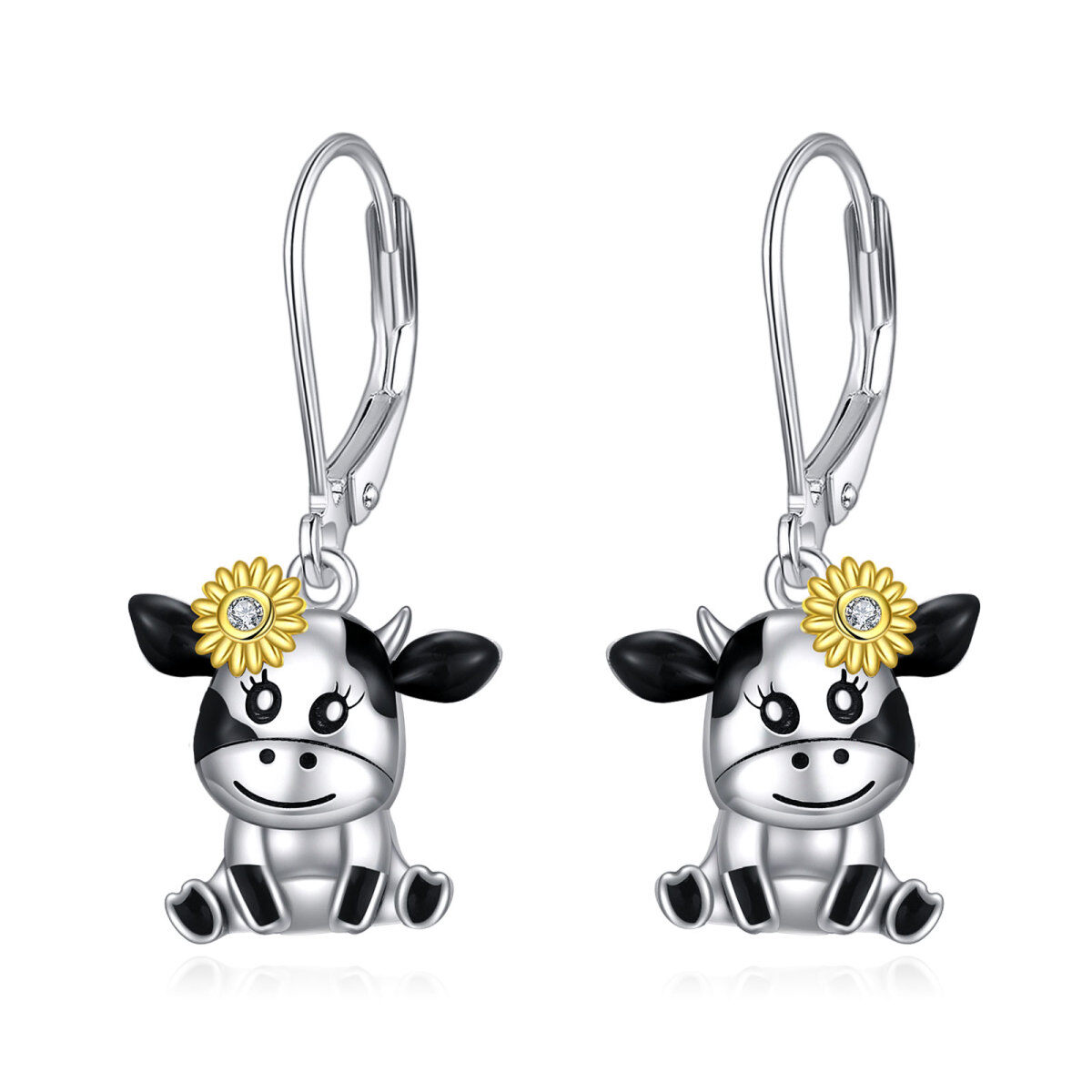 Sterling Silver Circular Shaped Cubic Zirconia Cow & Sunflower Drop Earrings-1