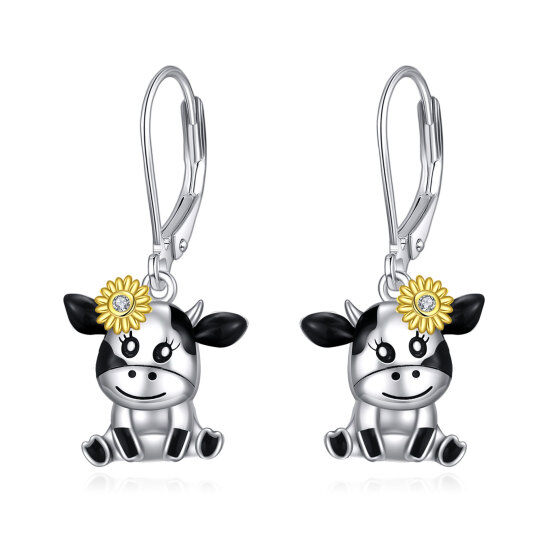 Sterling Silver Circular Shaped Cubic Zirconia Cow & Sunflower Drop Earrings