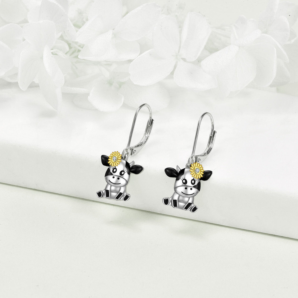 Sterling Silver Circular Shaped Cubic Zirconia Cow & Sunflower Drop Earrings-3