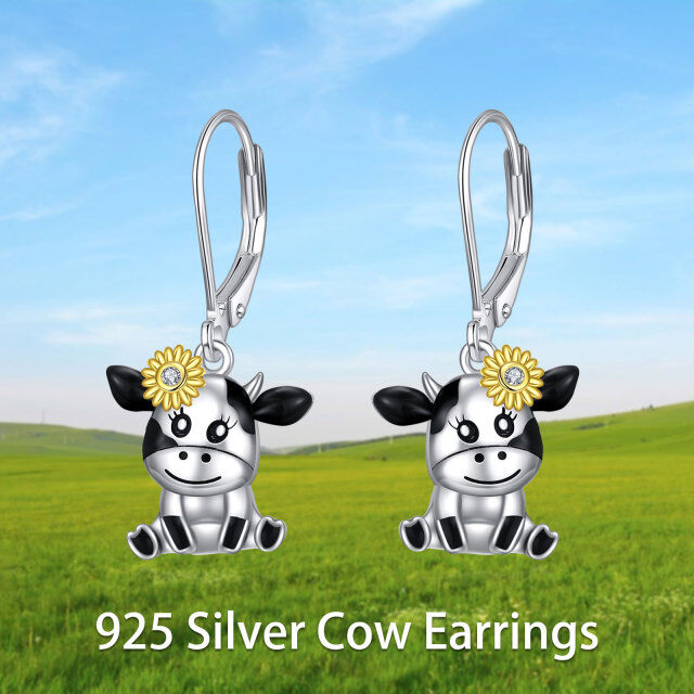 Sterling Silver Circular Shaped Cubic Zirconia Cow & Sunflower Drop Earrings-6