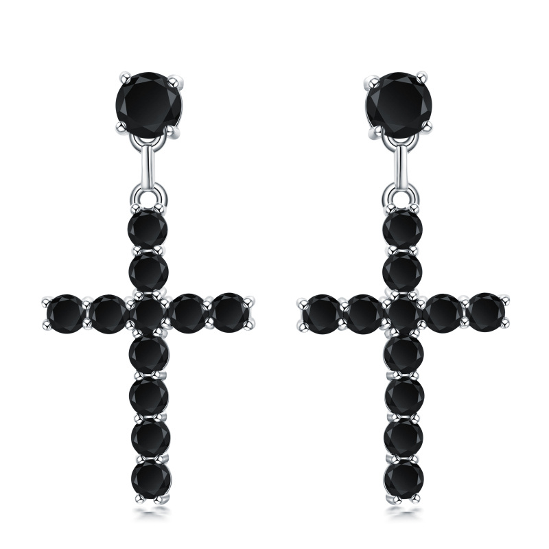 Boucles d'oreilles pendantes en argent sterling avec croix en zircon cubique de forme circ