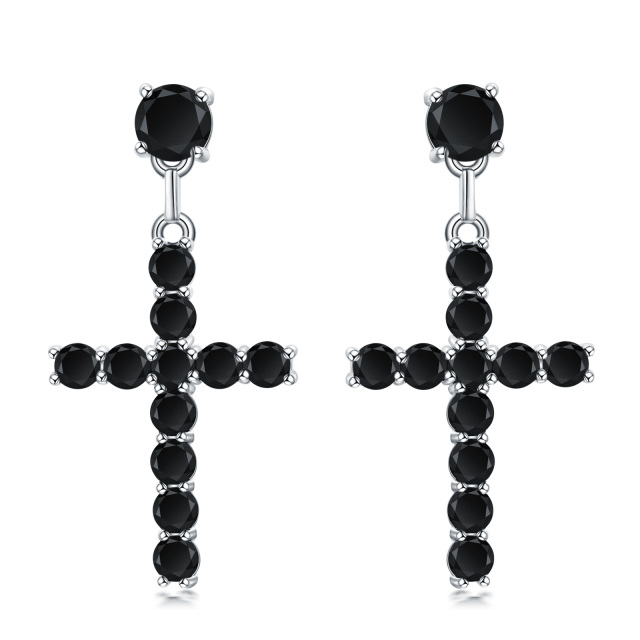 Boucles d'oreilles pendantes en argent sterling avec croix en zircon cubique de forme circ-1