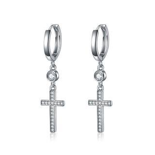 Sterling Silver Circular Shaped Cubic Zirconia Cross Drop Earrings-4