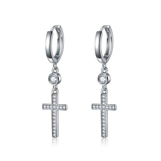 Sterling Silver Circular Shaped Cubic Zirconia Cross Drop Earrings