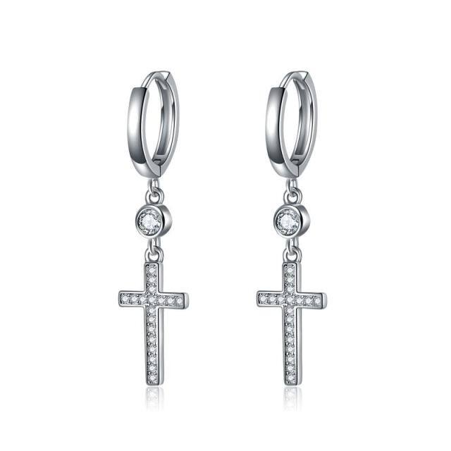 Sterling Silver Circular Shaped Cubic Zirconia Cross Drop Earrings-1