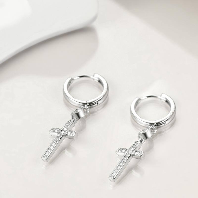 Sterling Silver Circular Shaped Cubic Zirconia Cross Drop Earrings-3