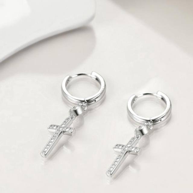 Boucles d'oreilles pendantes en argent sterling avec croix en zircon cubique de forme circ-3