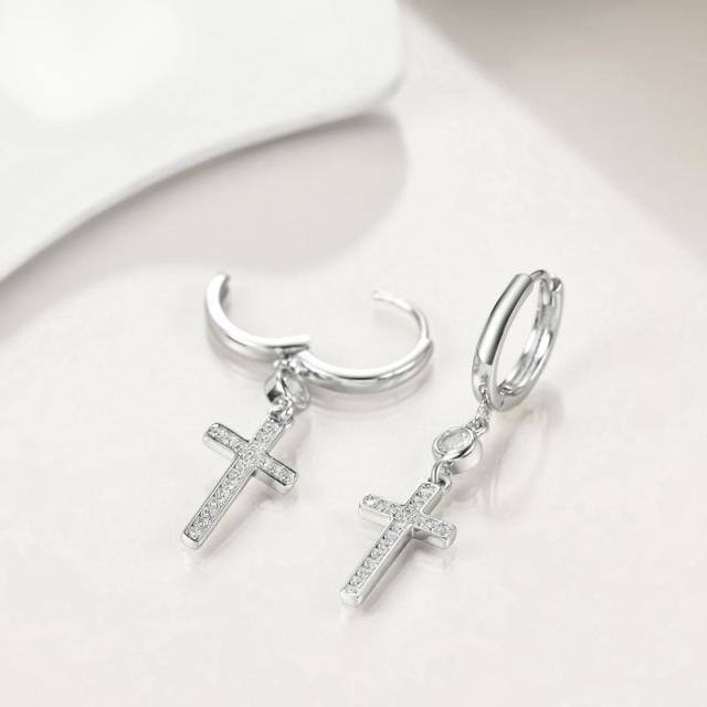 Sterling Silver Circular Shaped Cubic Zirconia Cross Drop Earrings-4