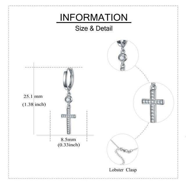 Sterling Silver Circular Shaped Cubic Zirconia Cross Drop Earrings-5